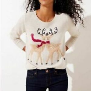 Ann Taylor LOFT Intarsia Reindeer Beige Long Sleeve Crewneck Cozy Sweater Size M